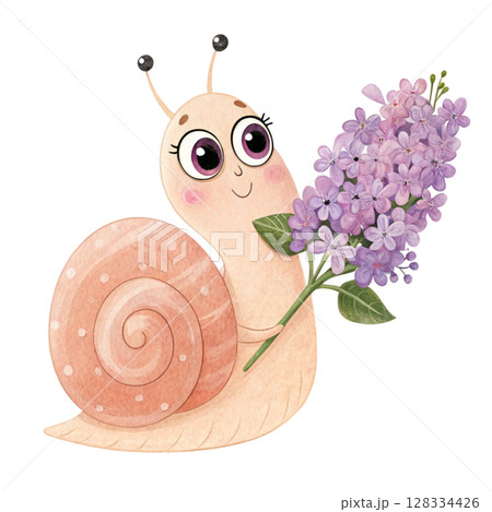 Cute snail with flowers Clipart watercolor  128334426