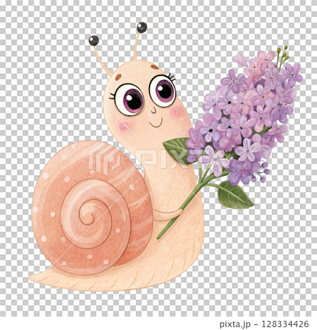 Cute snail with flowers Clipart watercolor  128334426
