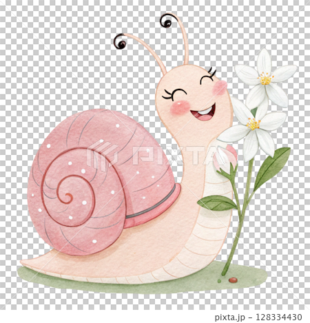 Cute snail with flowers Clipart watercolor  128334430