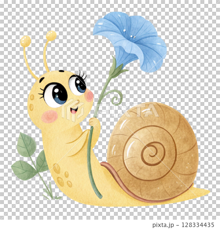 Cute snail with flowers Clipart watercolor  128334435