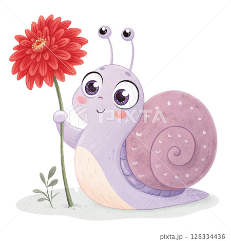 Cute snail with flowers Clipart watercolor  128334436