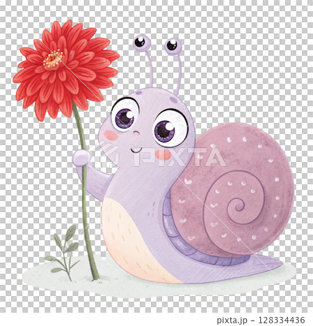 Cute snail with flowers Clipart watercolor  128334436