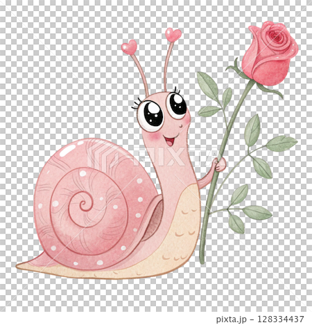 Cute snail with flowers Clipart watercolor  128334437