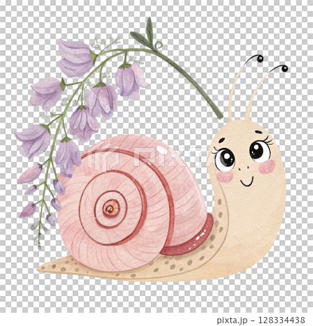 Cute snail with flowers Clipart watercolor  128334438