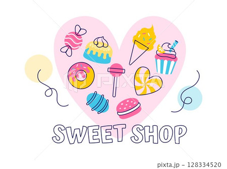 Sweet Shop Vector Illustration Featuring the Sale of Various Bakery Products, Cupcakes, Cakes, Pastries, or Candy in a Flat Style Cartoon Background Sweet Shop Vector Illustration Featuring the Sale of Various Bakery Products, Cupcakes, Cakes, Pastries, or Candy in a Flat Style Cartoon Background 128334520