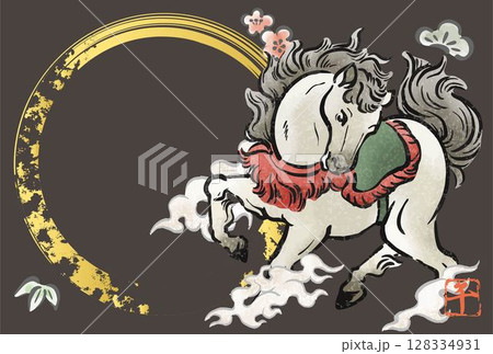 午年　干支　2026年　年賀状　年賀2026　午　馬　墨絵　水墨画　手描き　和風　モダン　イラスト 128334931