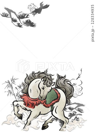 午年　干支　2026年　年賀状　年賀2026　午　馬　墨絵　水墨画　手描き　和風　モダン　イラスト 128334935