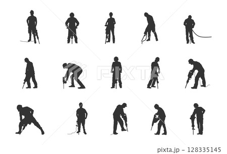 Worker using jackhammer silhouette, Worker using jackhammer svg, Jackhammer silhouette, Worker using jackhammer svg, Jackhammer svg, Jackhammer vector set, Jackhammer clipart. 128335145