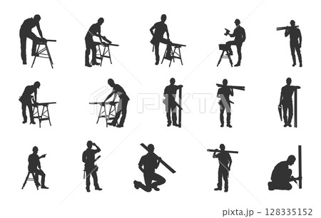 Carpenter silhouette, Carpenter working silhouette, Carpenter svg, Carpenter people silhouette, Carpenter vector set 128335152