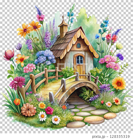 Vintage house cute bright colors floral patterns around the house Clipart Watercolor  128335319