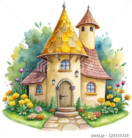 Vintage house cute bright colors floral patterns around the house Clipart Watercolor  128335320