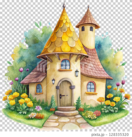 Vintage house cute bright colors floral patterns around the house Clipart Watercolor  128335320