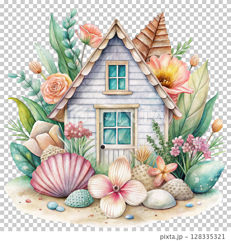 Vintage house cute bright colors floral patterns around the house Clipart Watercolor  128335321