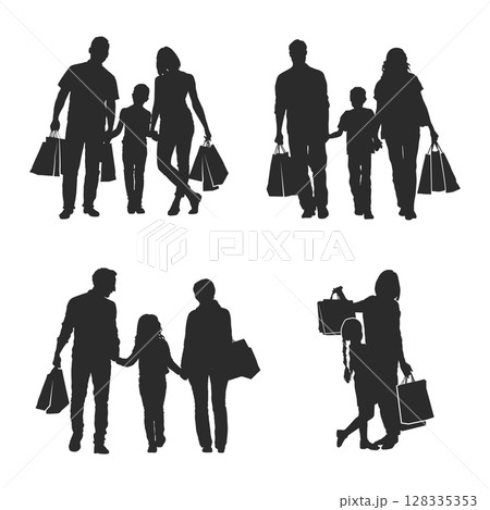 Family shopping silhouettes, Happy family shopping silhouettes 128335353