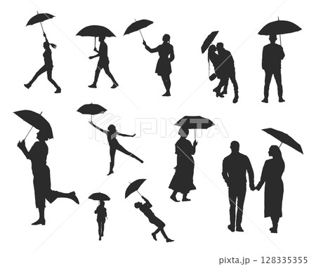 People with umbrella silhouettes People with umbrella silhouettes 128335355