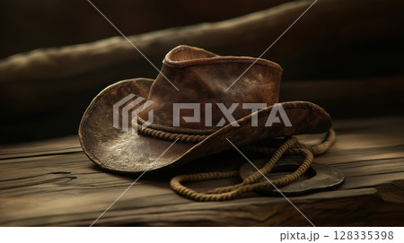 brown cowboy hat. The hat is made of a soft, felt-like material and has a wide brim. The brim is slightly curved and the hat appears to be in good condition. The background is white	 128335398