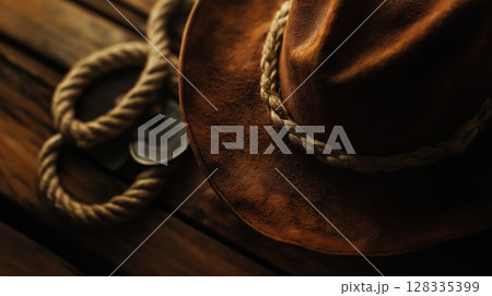 close-up of a brown cowboy hat and a horseshoe on a wooden surface. The hat is made of leather and has a wide brim. The horseshoes are made of metal	 128335399