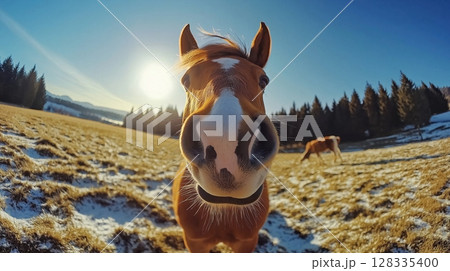 close-up of a horse's face. The horse is standing in a field with green grass and trees in the background. The sky is blue and the sun is shining brightly 128335400