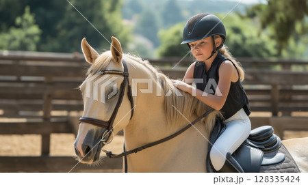 young girl riding a horse in an equestrian arena. She is wearing a black helmet, a black vest, and white pants	 128335424