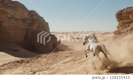 a white horse galloping in a desert-like landscape. On the right side of the image, there is horse, with its front legs stretched out and its head turned to the side. a white horse galloping in a desert-like landscape. On the right side of the image, there is horse, with its front legs stretched out and its head turned to the side. 128335433