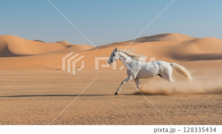 a white horse galloping in a desert-like landscape. On the right side of the image, there is horse, with its front legs stretched out and its head turned to the side. a white horse galloping in a desert-like landscape. On the right side of the image, there is horse, with its front legs stretched out and its head turned to the side. 128335434