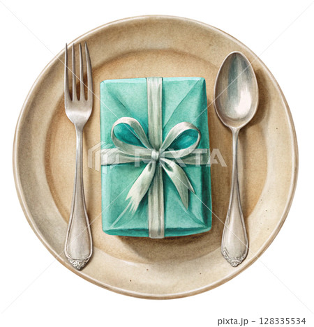 Food plate  spoon and fork  gift placed on the plate Food plate  spoon and fork  gift placed on the plate 128335534