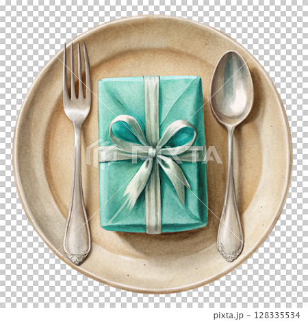 Food plate  spoon and fork  gift placed on the plate Food plate  spoon and fork  gift placed on the plate 128335534