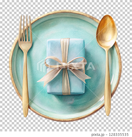 Food plate  spoon and fork  gift placed on the plate 128335535