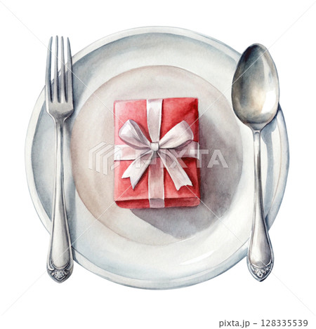 Food plate  spoon and fork  gift placed on the plate Food plate  spoon and fork  gift placed on the plate 128335539