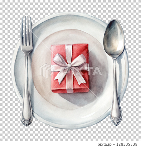 Food plate  spoon and fork  gift placed on the plate Food plate  spoon and fork  gift placed on the plate 128335539