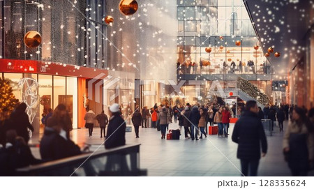 Bustling Christmas Shopping in a Festively Decorated Mall: A Holiday Scene. Generative ai 128335624