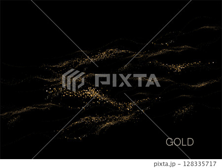 Abstract shiny isolated design element, exquisite golden waves on black background 128335717