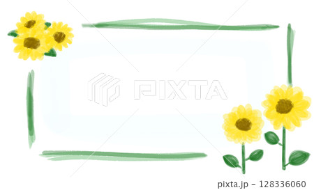 夏カワイイ・ひまわりの装飾フレーム素材イラスト 128336060