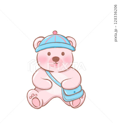 bear in hat with a bag, cute bear cartoon illustration ,pink flat vector of adorable teddy bear 128336206