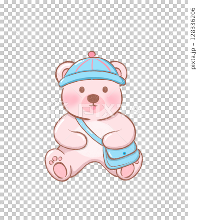bear in hat with a bag, cute bear cartoon illustration ,pink flat vector of adorable teddy bear 128336206