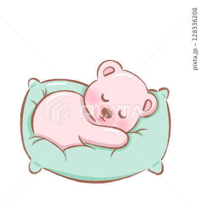 bear sleeping illustration of soft pink teddy bear resting on green pillow in adorable flat drawing 128336208
