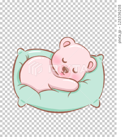bear sleeping illustration of soft pink teddy bear resting on green pillow in adorable flat drawing 128336208
