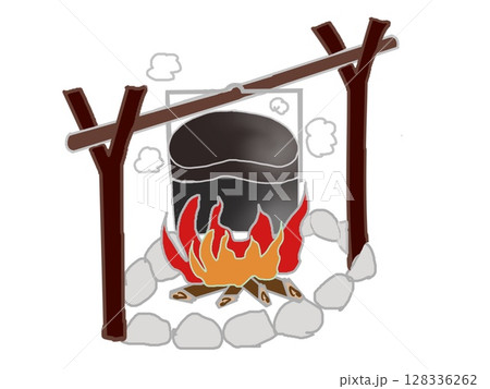 野外のたき火で飯ごうを使って食事を作る風景のイラスト 野外のたき火で飯ごうを使って食事を作る風景のイラスト 128336262