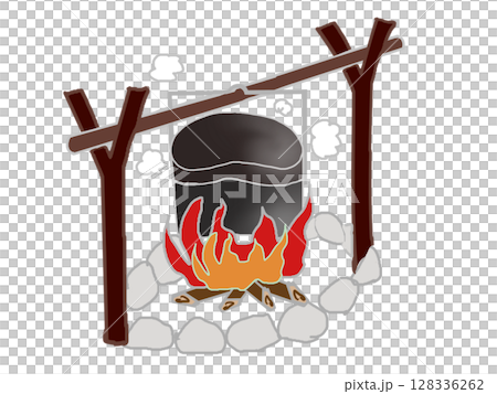 野外のたき火で飯ごうを使って食事を作る風景のイラスト 野外のたき火で飯ごうを使って食事を作る風景のイラスト 128336262