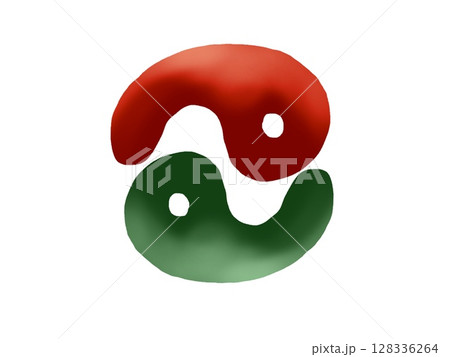 赤メノウと緑の翡翠の勾玉が上下に逆さになったイラスト 128336264