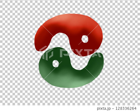 赤メノウと緑の翡翠の勾玉が上下に逆さになったイラスト 128336264