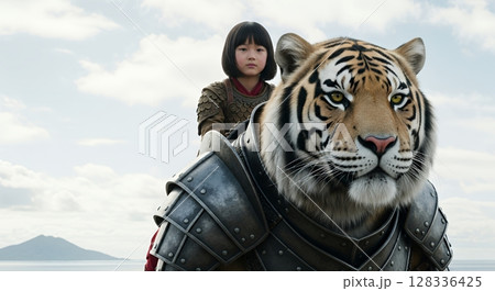 巨大な虎の背中に乗る少女 128336425