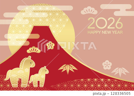 2026年 午年の富士山と初日の出の年賀状テンプレート 2026年 午年の富士山と初日の出の年賀状テンプレート 128336505