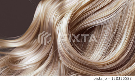 Long, luxurious golden blonde hair with soft waves and curls, showcasing incredible shine and healthy texture against a rich, dark background. 128336588