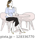 カフェで過ごす女性　夏のブラウスコーデ　テラス席イラスト 128336770