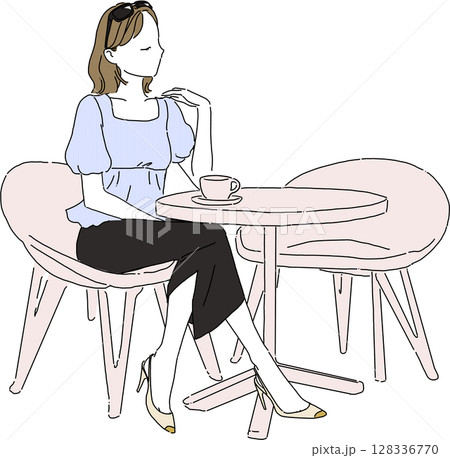 カフェで過ごす女性　夏のブラウスコーデ　テラス席イラスト 128336770