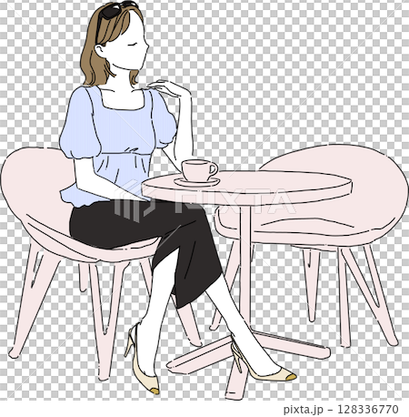 在咖啡館消磨時間的女人夏季襯衫搭配露台座位插圖 128336770