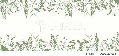 Banner with border meadow flowers and grass, green ink silhouette. Herbal background. Herbarium. Banner with border meadow flowers and grass, green ink silhouette. Herbal background. Herbarium. 128336784