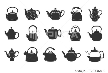 Teapot silhouette, Kettle silhouettes, Ceramic teapot silhouette, Teapot svg, Kettle svg, Ceramic teapot svg, Fancy teapot silhouette, Teapot clipart, Teapots vector collection. 128336892