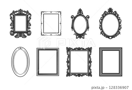 Picture frames silhouette, Baroque frame silhouettes, Decorative ornamental frame silhouettes, Picture frames svg, Baroque frame svg, Decorative ornamental frame svg, Vintage picture frame svg. 128336907